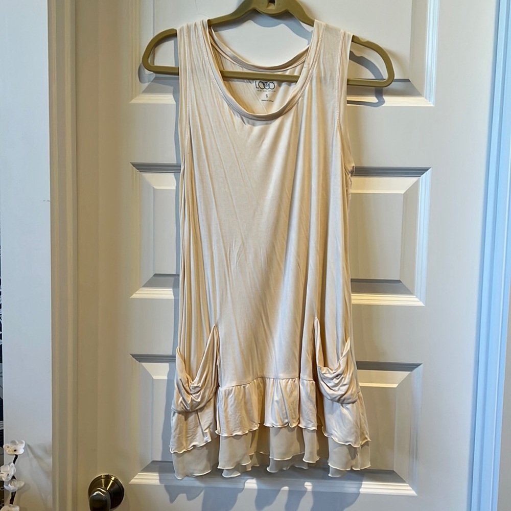 Take with two-tier ruffle bottom by logo. Size S.